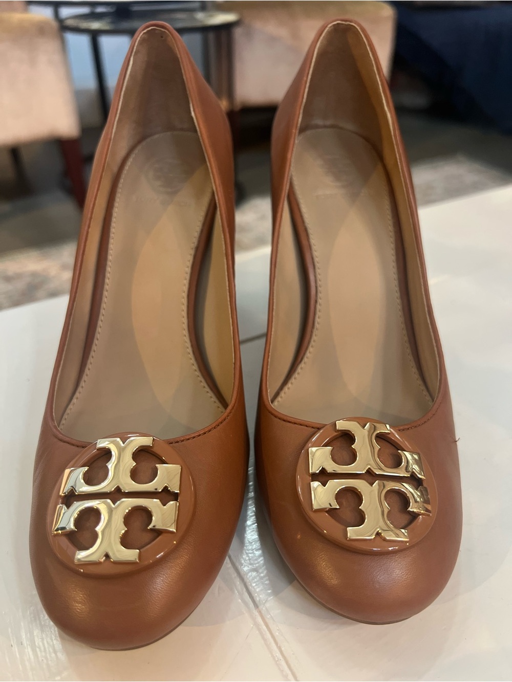 Tory Burch Cognac Leather Logo Heel 3”
